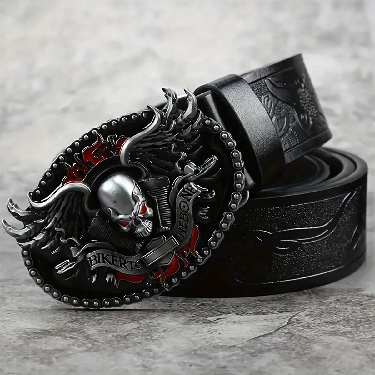 HERSHINE Men's Vintage Embossed Leather Belt (1 Piece), Skull Ghost Buckle, Y2K Gothic Punk Rock Hip Hop Accessory，spring，summer