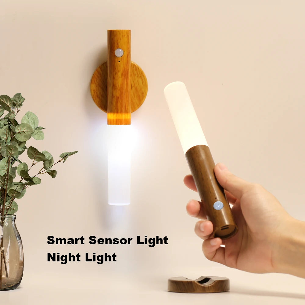 Magnetic LED Wall Light PIR Motion Sensor 360°Rotation LED Rechargeable Night Light Wood Grain Wall Lamp Kitchen Light Lamp