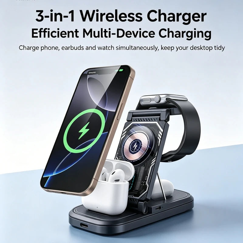 Foldable Power Dock for Phone Watch Buds, 3 in 1 Wireless Charging Station for Travel Storage, Desk Organization K1KF
