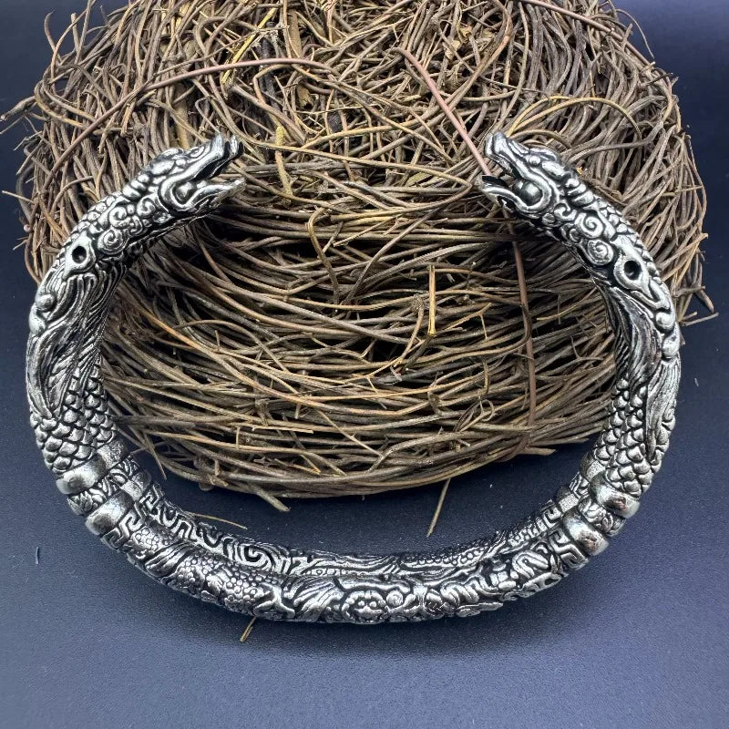 Vintage Distressed Double Dragon Two-Ring Open Bangle, Handmade Chinese Style Unisex Couple Bracelet