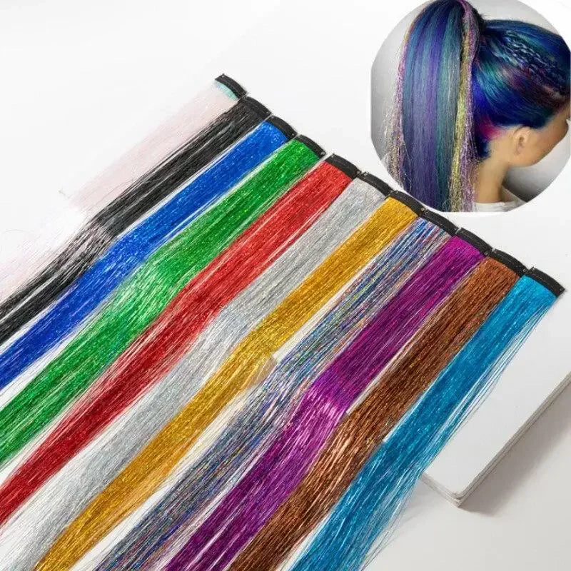 93cm Glitter Hair Tinsel Extension with BB Clips Laser Gold Silver Tinsel Hair Braided Girls Headwear Braiding Hair Decor Tools