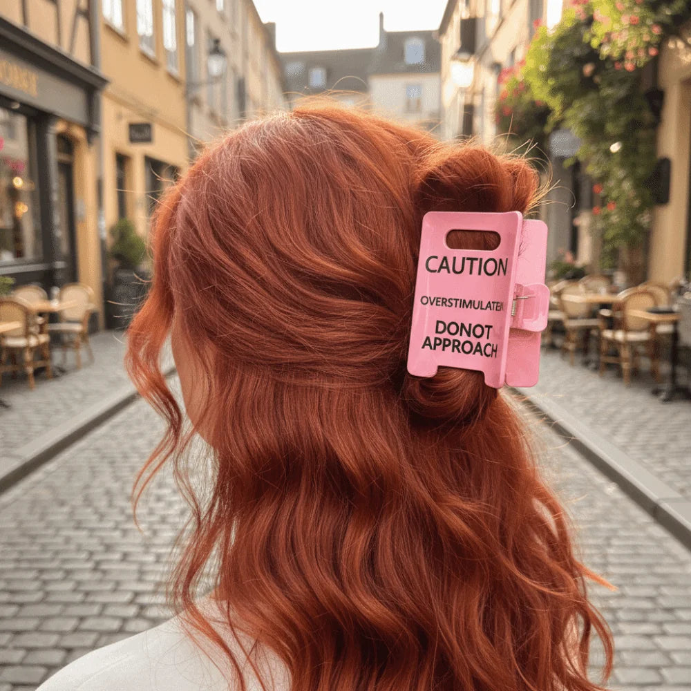 Novelty Caution Sign Hair Claw Clip Warning Message Thick Hairs Design Overstimulated Hair Clip Sensory Input Safety Awareness