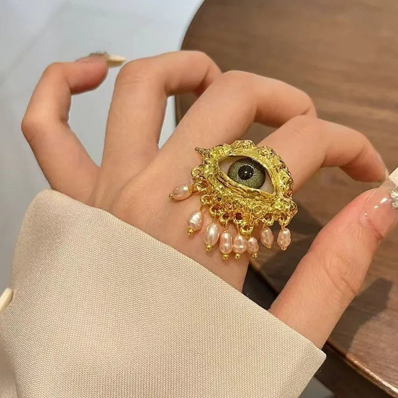 Vintage Devil's Eye Ring Tassels Delicate Glaze Ring Niche Exaggerated Trendy Opening Finger Ring Aesthetic Valentine's Day Gift