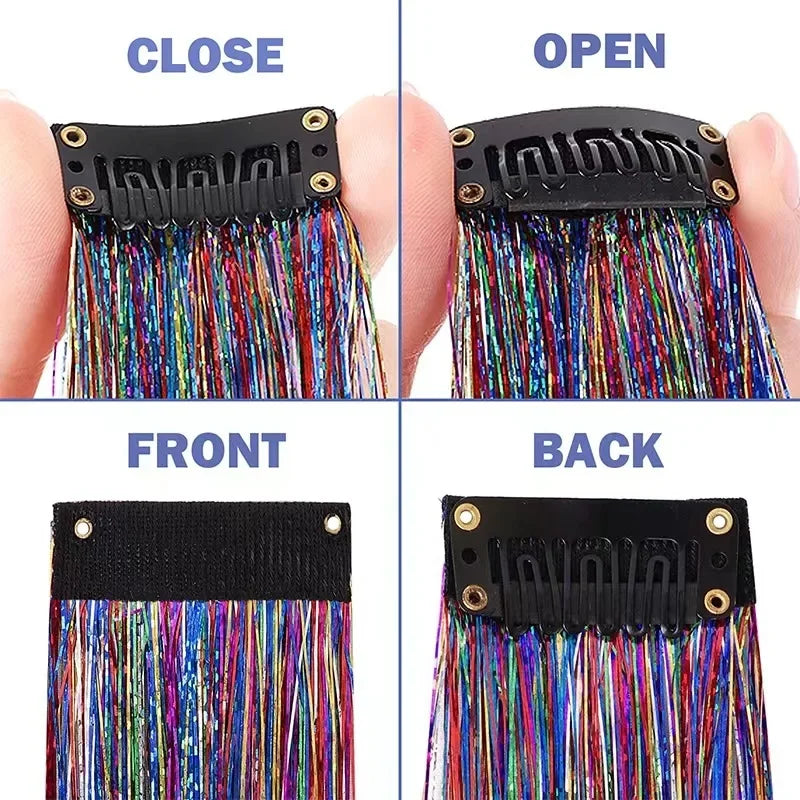 93cm Glitter Hair Tinsel Extension with BB Clips Laser Gold Silver Tinsel Hair Braided Girls Headwear Braiding Hair Decor Tools