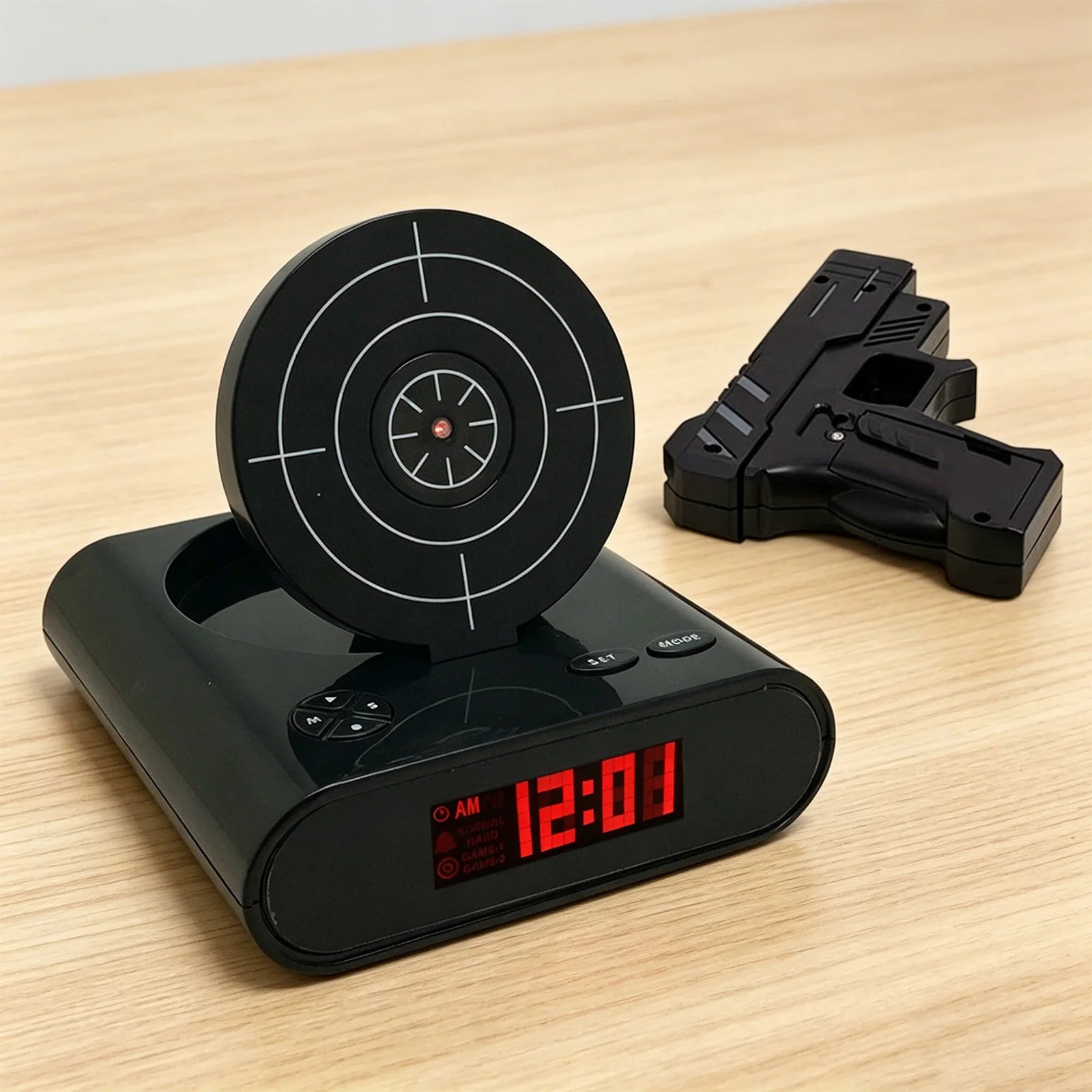 Target Alarm Clock with Gun & LED Display Creative Target Laser Shooting Clocks 2 Alarming Wake Up Digital Electronic Desk Clock