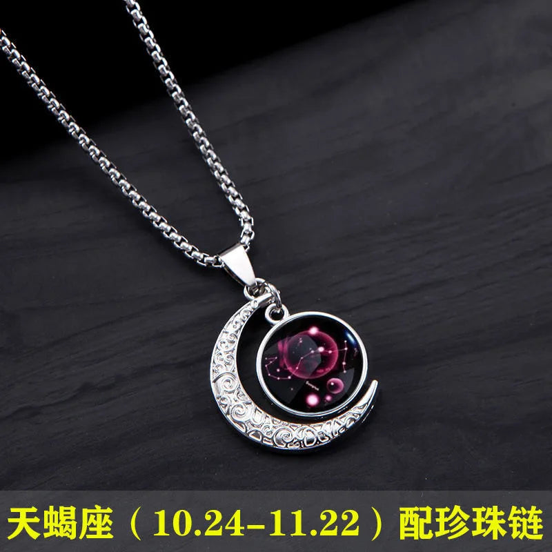 New Zodiac Sign Necklaces for Men Women Trendy Luminous Pendant Necklaces Cool Unique Couple Hip-hop Necklaces Stainless Steel