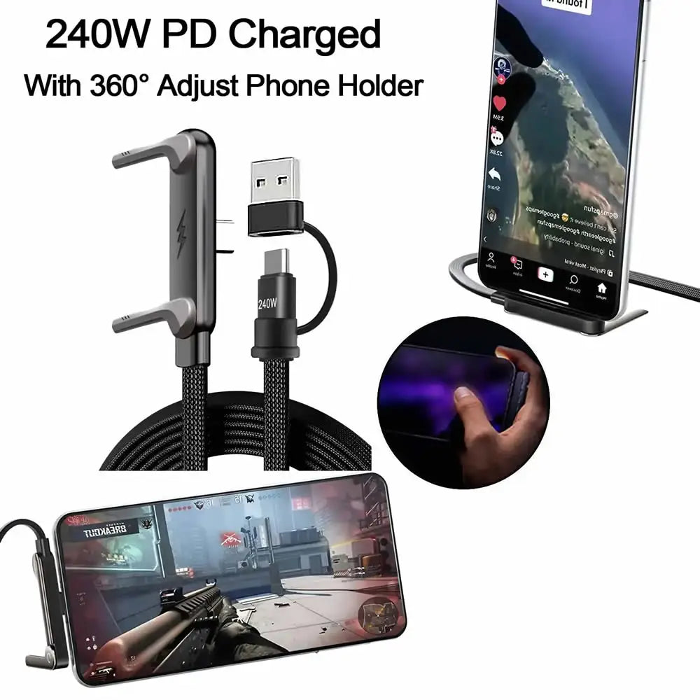 240W Invisible Holder Charger Cable Fast Charging Cord With Built-in Phone Stand Charging Cable 2in1 USB Type-C To USB-C Cable मुख्य तस्बिर