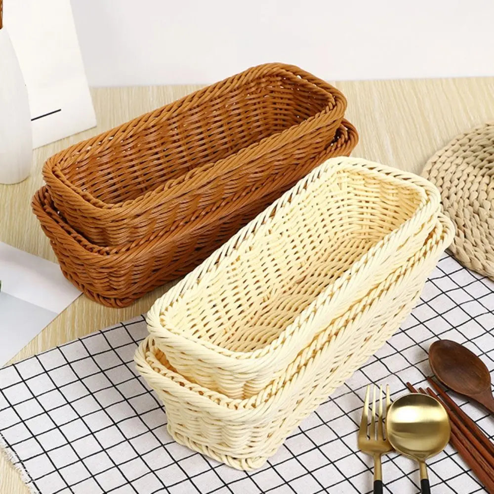 Rectangular Imitation Rattan Storage Basket Household Portable Tableware Storage Container Universal Save Space Faux Wicker Tray
