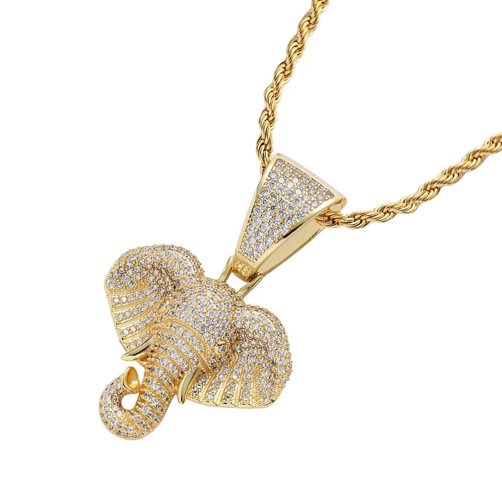 New Elephant Head Hip-hop Pendant with Gold Micro Inlaid Animal Hip-hop Accessory  necklace