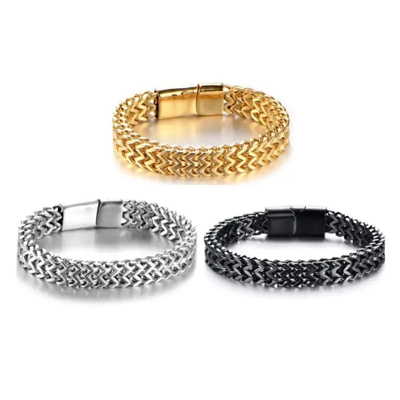 Stainless Steel Braided Double Row Metal Bracelet with Magnetic Clasp Men's Personalized Hip Hop Rock Party Punk Jewelry