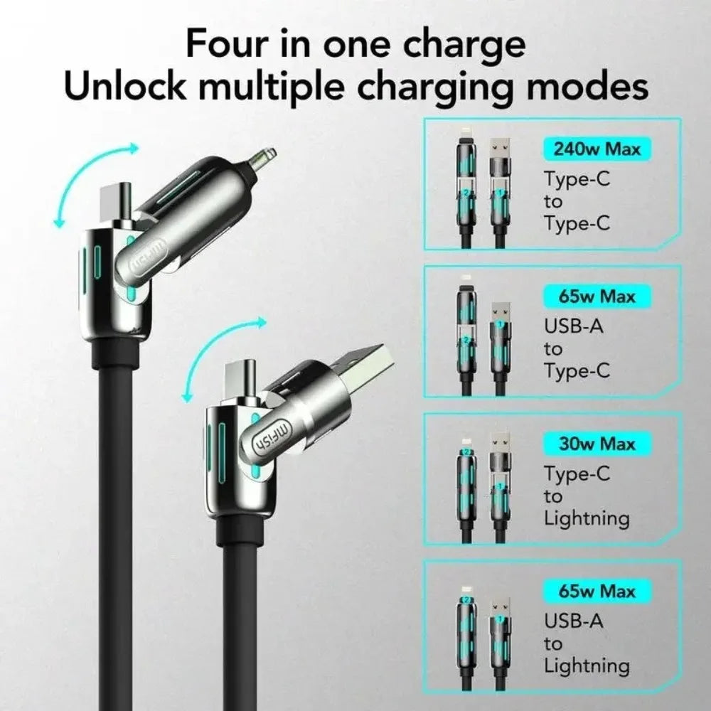USB、Type C, lightning-Max 240W Fast Charging and Data Sync MFISH 4-in-1 Multi-Function USB Charging Cable for 16/15, iPad