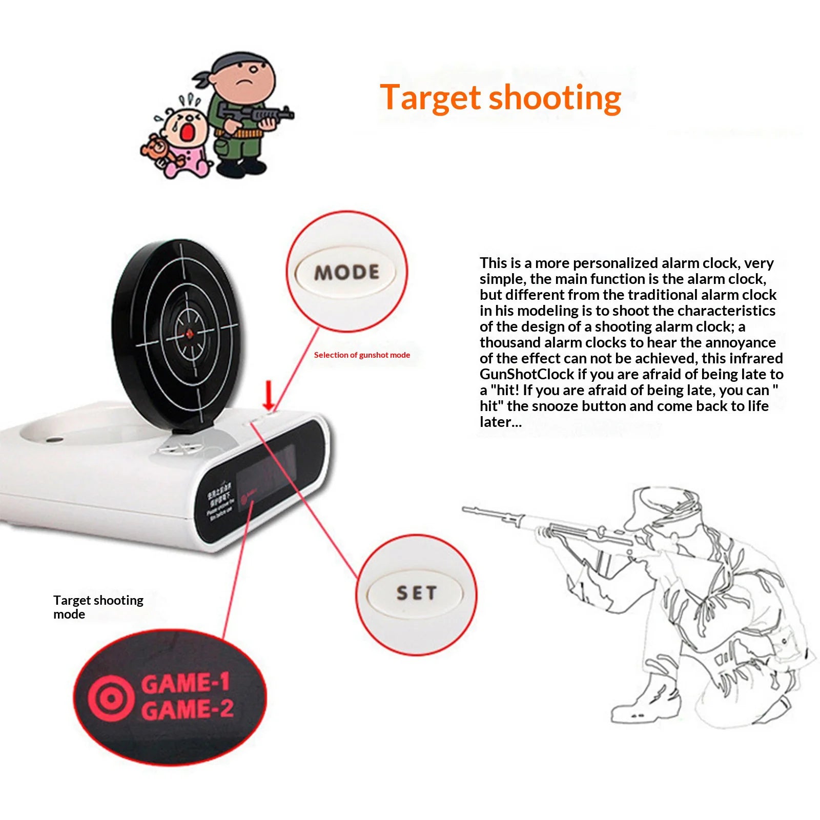 Target Alarm Clock with Gun & LED Display Creative Target Laser Shooting Clocks 2 Alarming Wake Up Digital Electronic Desk Clock