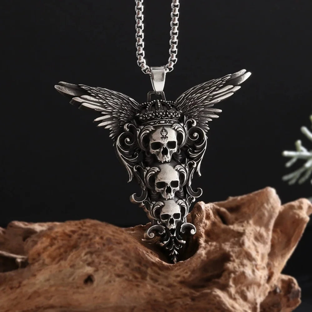 Vintage Crown Skull Wing Pendant, Men's Punk Hip Hop Rock Charm Jewelry Necklace, New Gothic Versatile Accessories, Party Gifts मुख्य तस्बिर
