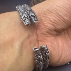 Vintage Distressed Double Dragon Two-Ring Open Bangle, Handmade Chinese Style Unisex Couple Bracelet