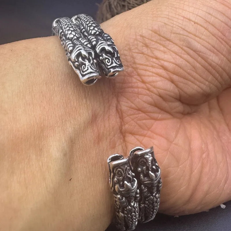 Vintage Distressed Double Dragon Two-Ring Open Bangle, Handmade Chinese Style Unisex Couple Bracelet