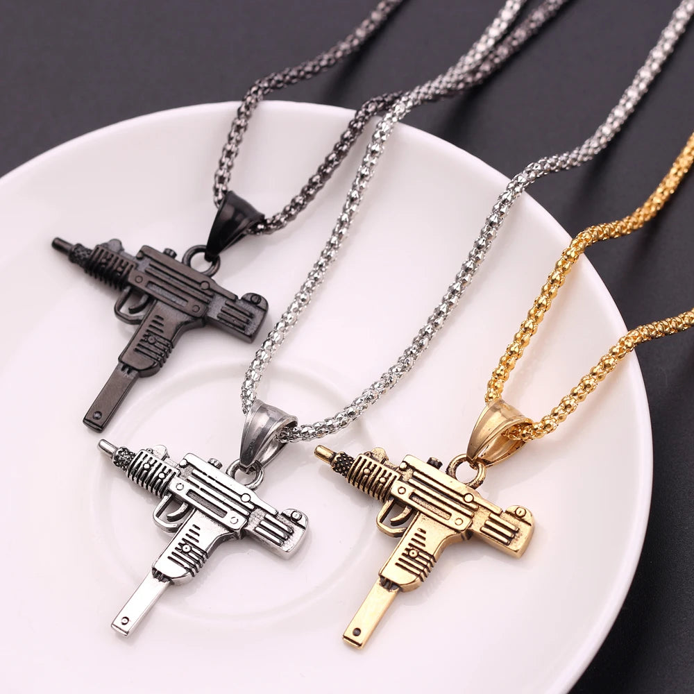 Punk Uzi Pistol Machine Gun Necklace Pendant - Fashion Hip Hop Jewelry for Men Handsome Personality Accessory