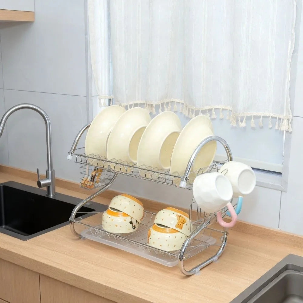 High Quality Stainless Steel Dish Drying Rack S Shape Metal Tableware Holder 2 Tier Space Saving Kitchen Organizer Kitchen