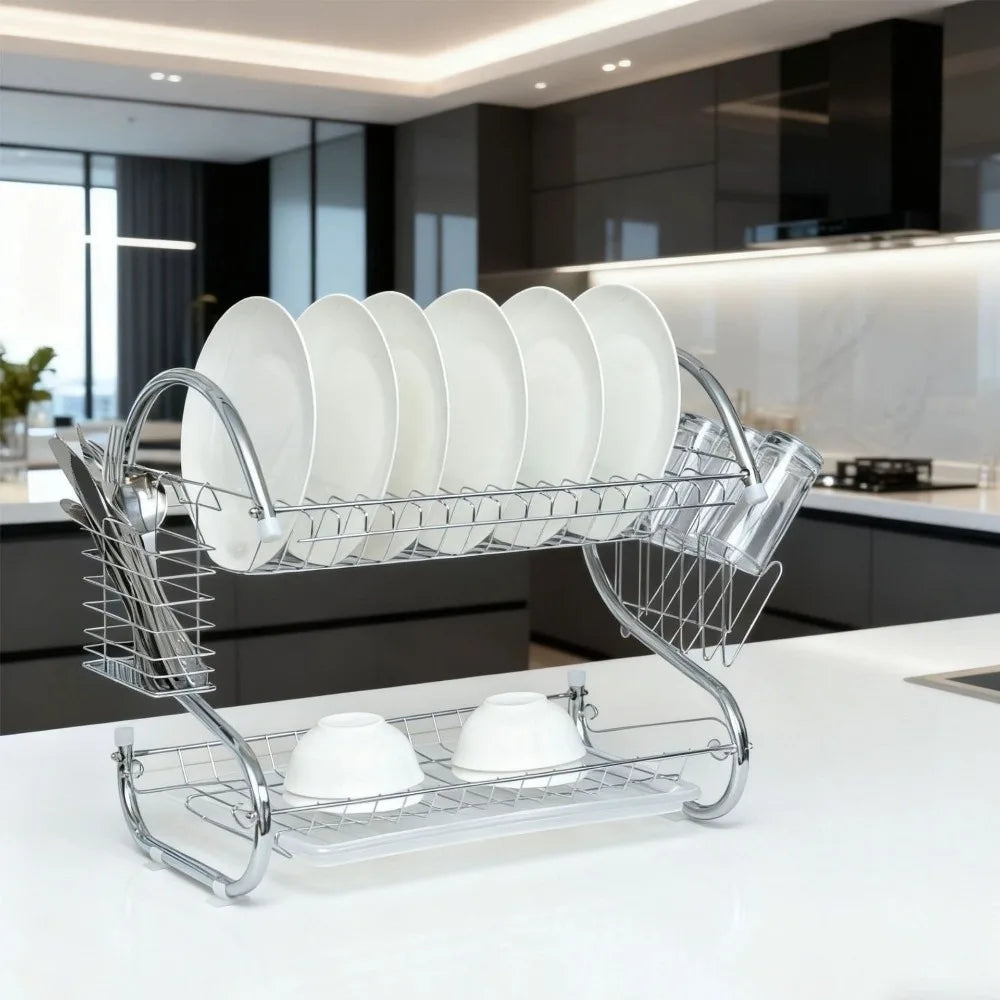 High Quality Stainless Steel Dish Drying Rack S Shape Metal Tableware Holder 2 Tier Space Saving Kitchen Organizer Kitchen 主图