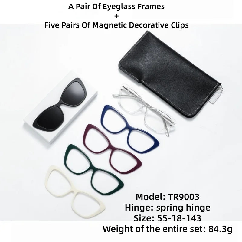JAEVAR New Retro Floral Cat Eye Magnetic Suction Set Glasses Frame With Five Pairs Of Flat Light Glasses Frame 9001-9007