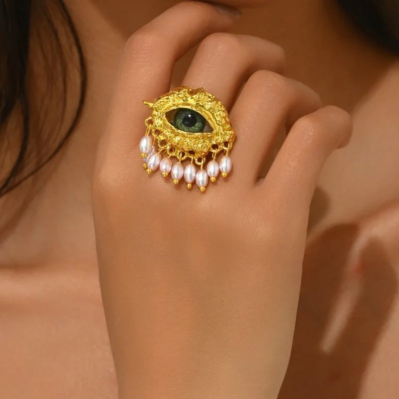 Vintage Devil's Eye Ring Tassels Delicate Glaze Ring Niche Exaggerated Trendy Opening Finger Ring Aesthetic Valentine's Day Gift
