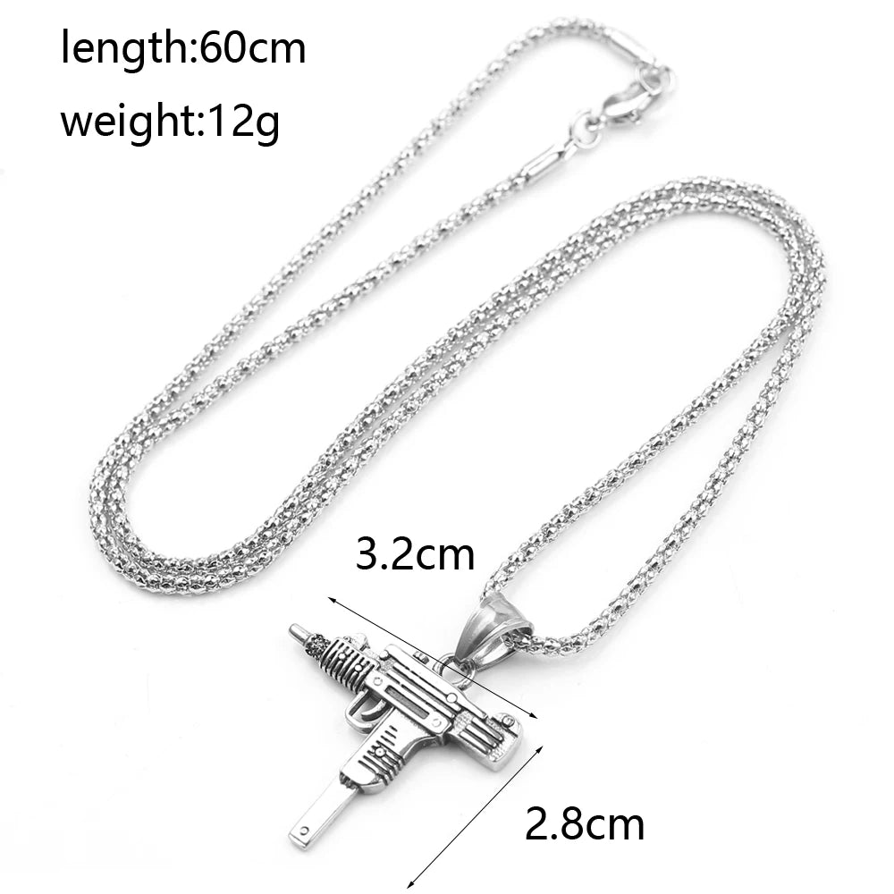 Punk Uzi Pistol Machine Gun Necklace Pendant - Fashion Hip Hop Jewelry for Men Handsome Personality Accessory