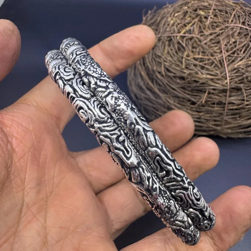 Vintage Distressed Double Dragon Two-Ring Open Bangle, Handmade Chinese Style Unisex Couple Bracelet