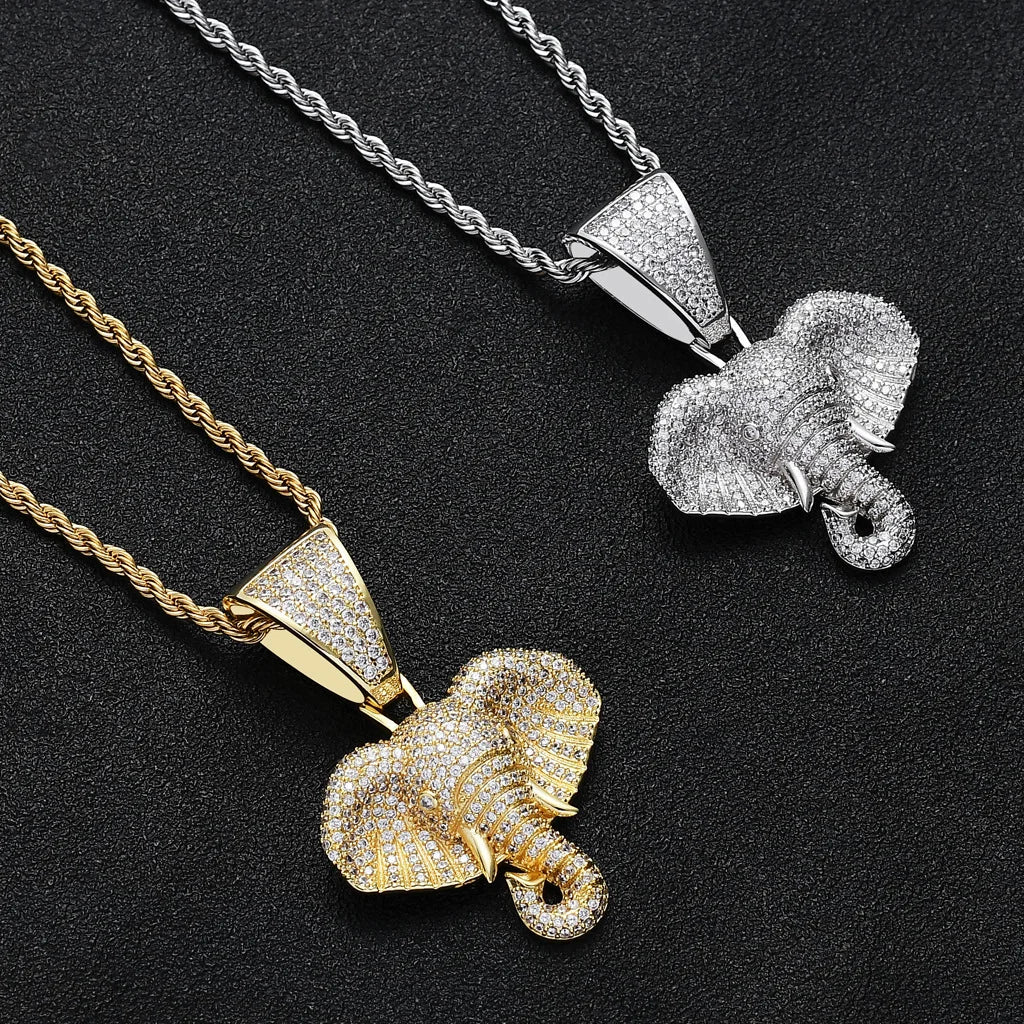 New Elephant Head Hip-hop Pendant with Gold Micro Inlaid Animal Hip-hop Accessory  necklace