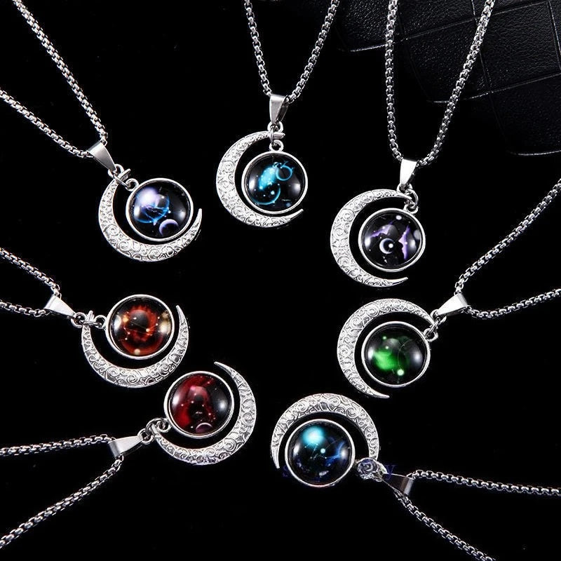 New Zodiac Sign Necklaces for Men Women Trendy Luminous Pendant Necklaces Cool Unique Couple Hip-hop Necklaces Stainless Steel