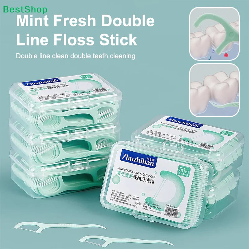 Mint Fresh Double-Line Floss Picks (50-Count) | Dual-Strand Teeth Cleaning Sticks, Deep Plaque Removal for Daily Oral Care