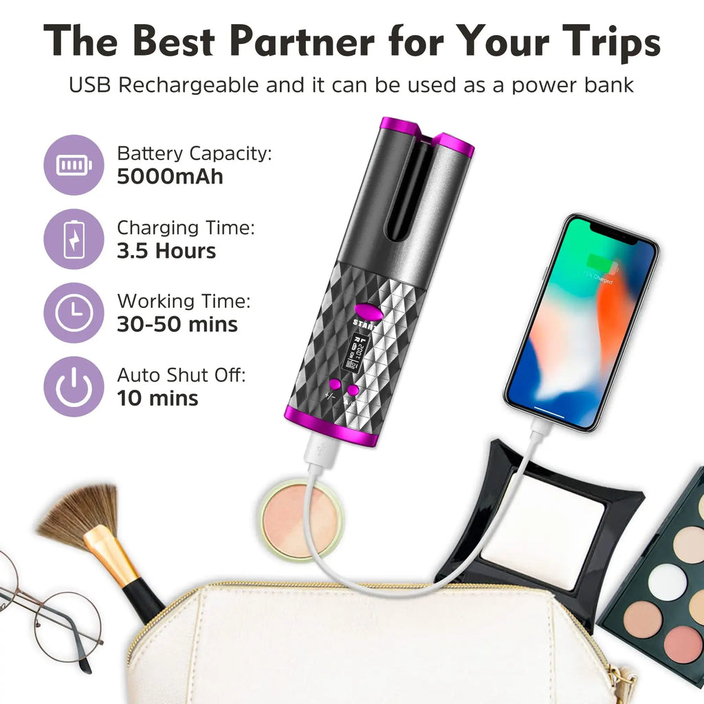 Cordless Curling Iron, USB Rechargeable, Ceramic Automatic Rotating Hair Curler with 6 Temps, Portable Hair Dryer Styler,Timers