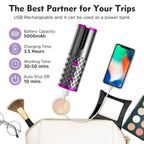 Cordless Curling Iron, USB Rechargeable, Ceramic Automatic Rotating Hair Curler with 6 Temps, Portable Hair Dryer Styler,Timers