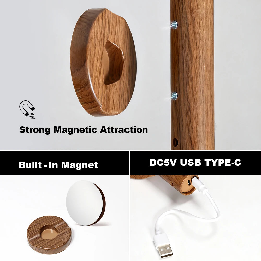 Magnetic LED Wall Light PIR Motion Sensor 360°Rotation LED Rechargeable Night Light Wood Grain Wall Lamp Kitchen Light Lamp