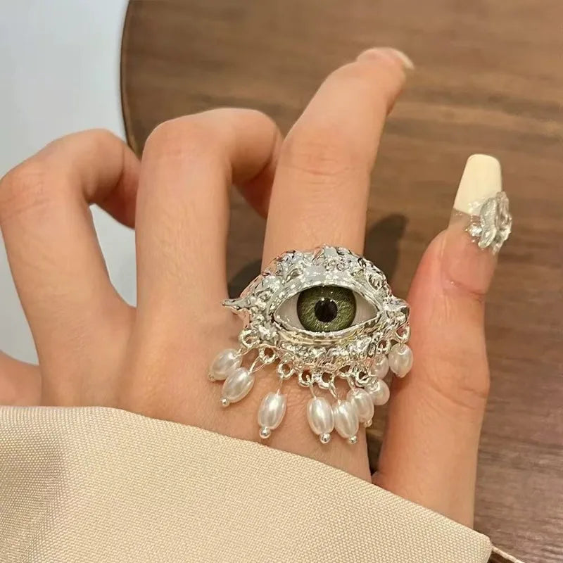 Vintage Devil's Eye Ring Tassels Delicate Glaze Ring Niche Exaggerated Trendy Opening Finger Ring Aesthetic Valentine's Day Gift 副图