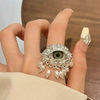 Vintage Devil's Eye Ring Tassels Delicate Glaze Ring Niche Exaggerated Trendy Opening Finger Ring Aesthetic Valentine's Day Gift
