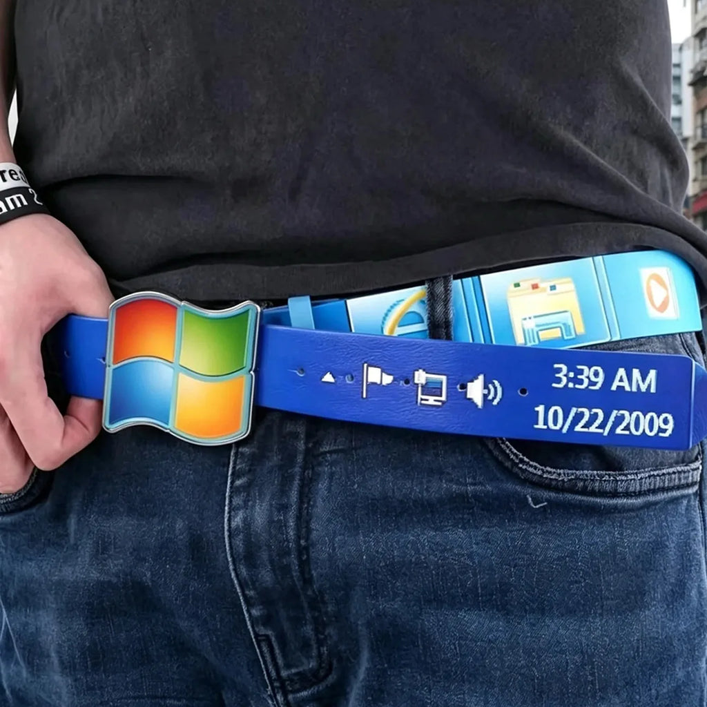Windows7 Vintage Belt Retro Desktop UI Printed Pin Buckle Belt PU Casual Waist Strap for Men Women Y2K Denim Streetwear Nerd Style Accessory