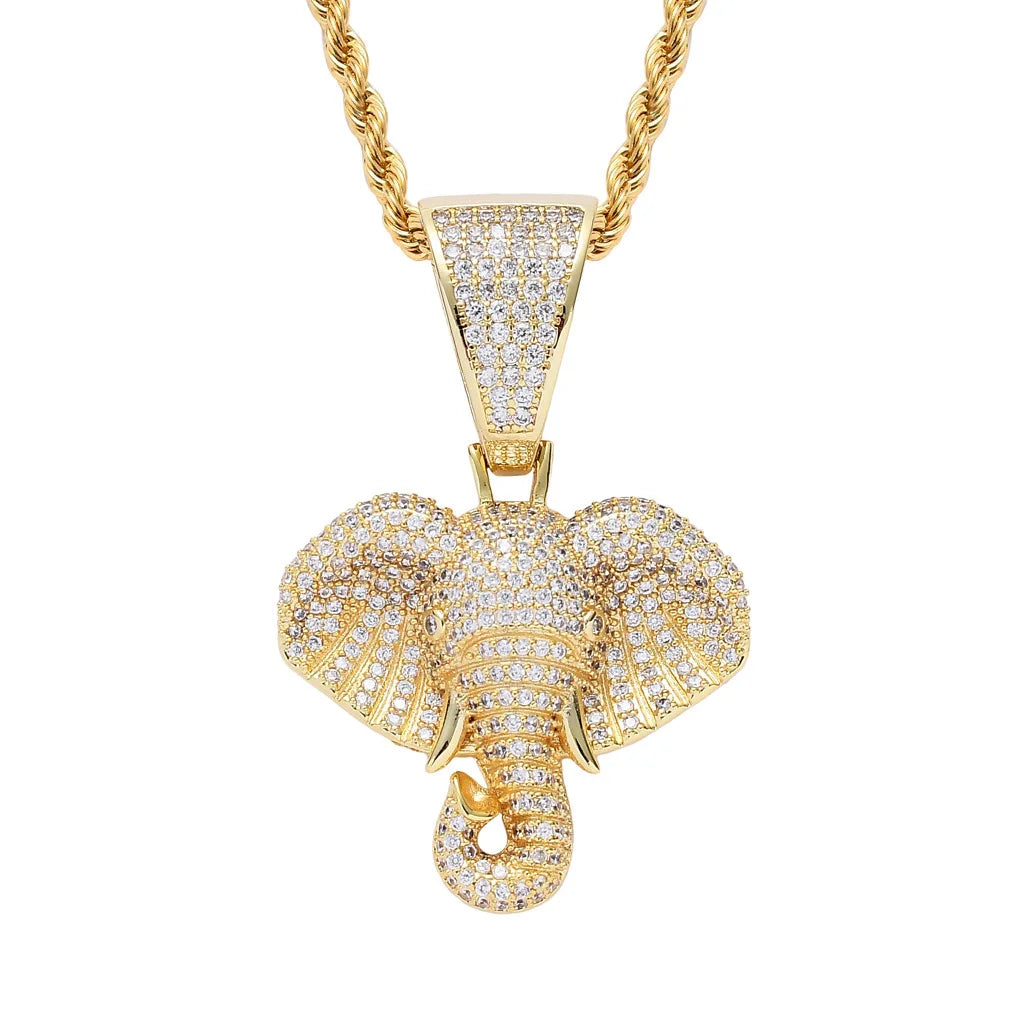 New Elephant Head Hip-hop Pendant with Gold Micro Inlaid Animal Hip-hop Accessory  necklace