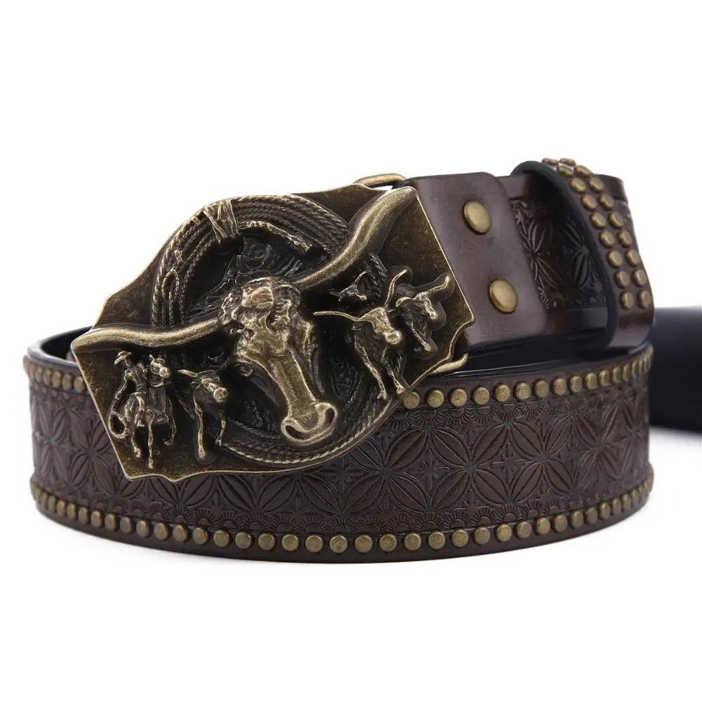 Vintage Western Cowboy Men's PU Leather Belt Luxury Design Trendy Brand Ox Head Waistband Jeans Pants Belt