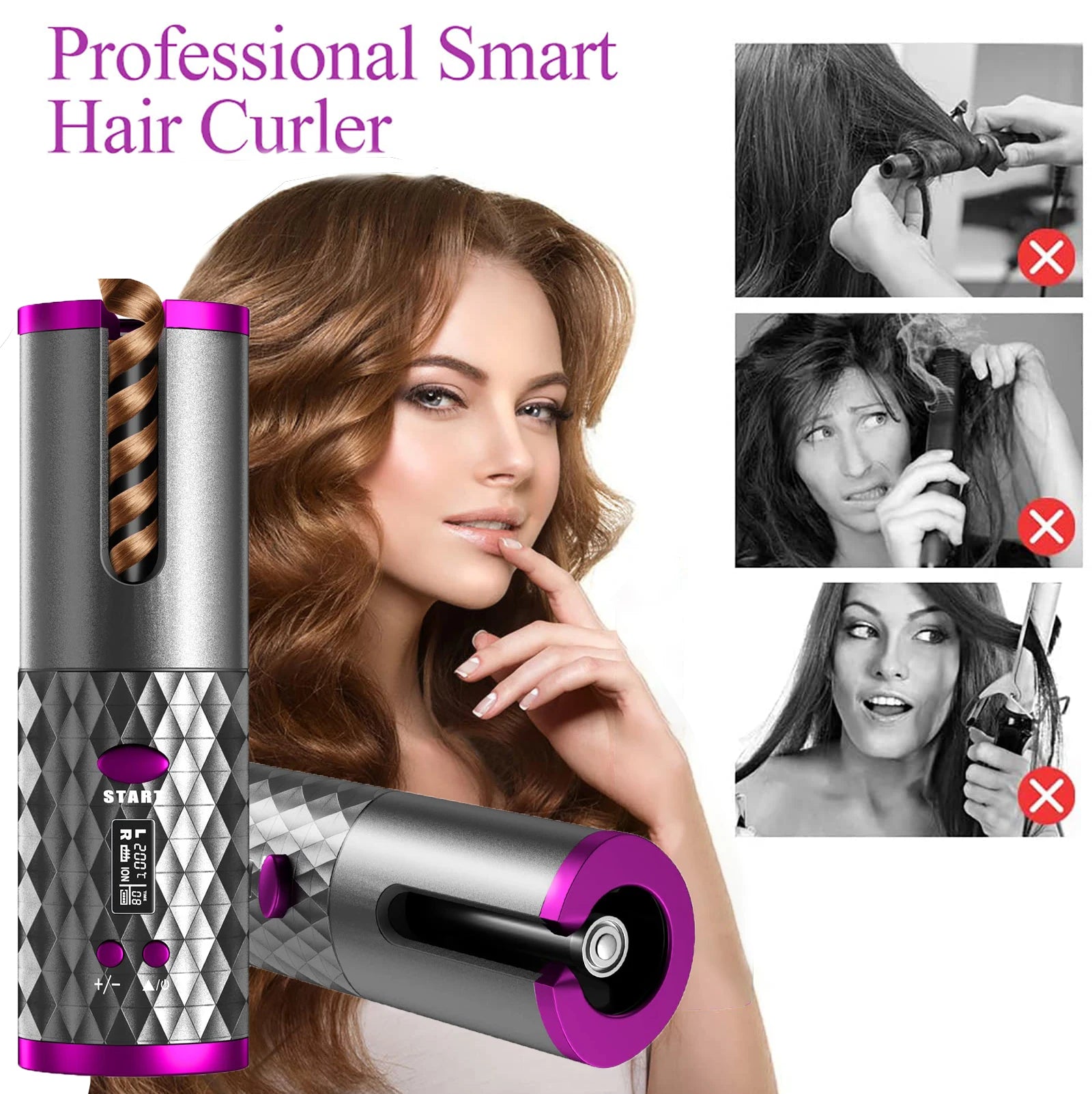 Cordless Curling Iron, USB Rechargeable, Ceramic Automatic Rotating Hair Curler with 6 Temps, Portable Hair Dryer Styler,Timers 主图