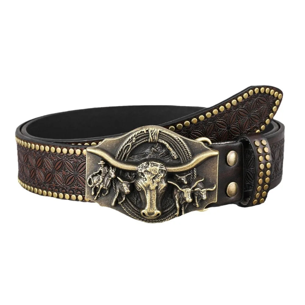 Vintage Western Cowboy Men's PU Leather Belt Luxury Design Trendy Brand Ox Head Waistband Jeans Pants Belt
