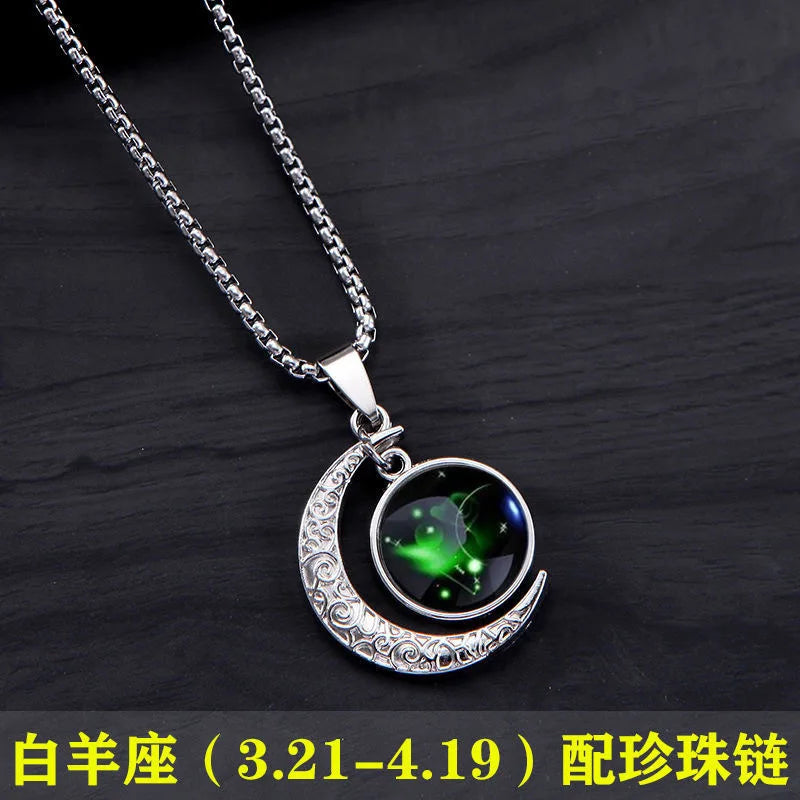 New Zodiac Sign Necklaces for Men Women Trendy Luminous Pendant Necklaces Cool Unique Couple Hip-hop Necklaces Stainless Steel