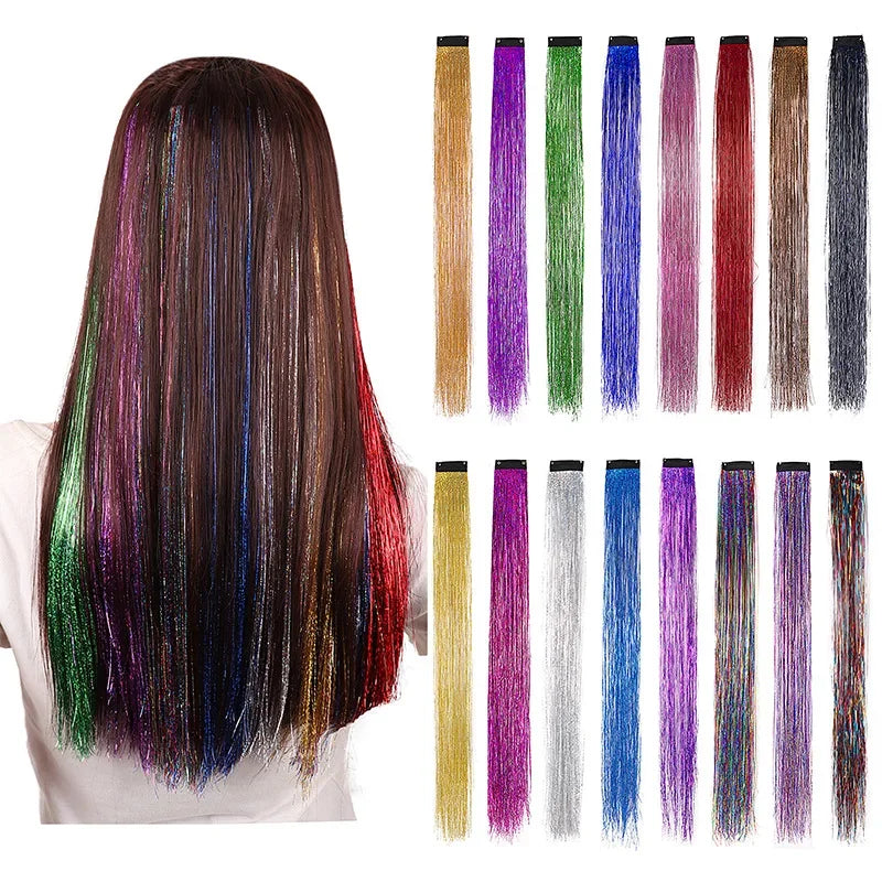 93cm Glitter Hair Tinsel Extension with BB Clips Laser Gold Silver Tinsel Hair Braided Girls Headwear Braiding Hair Decor Tools