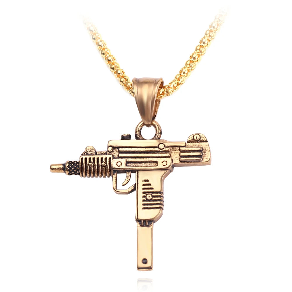 Punk Uzi Pistol Machine Gun Necklace Pendant - Fashion Hip Hop Jewelry for Men Handsome Personality Accessory