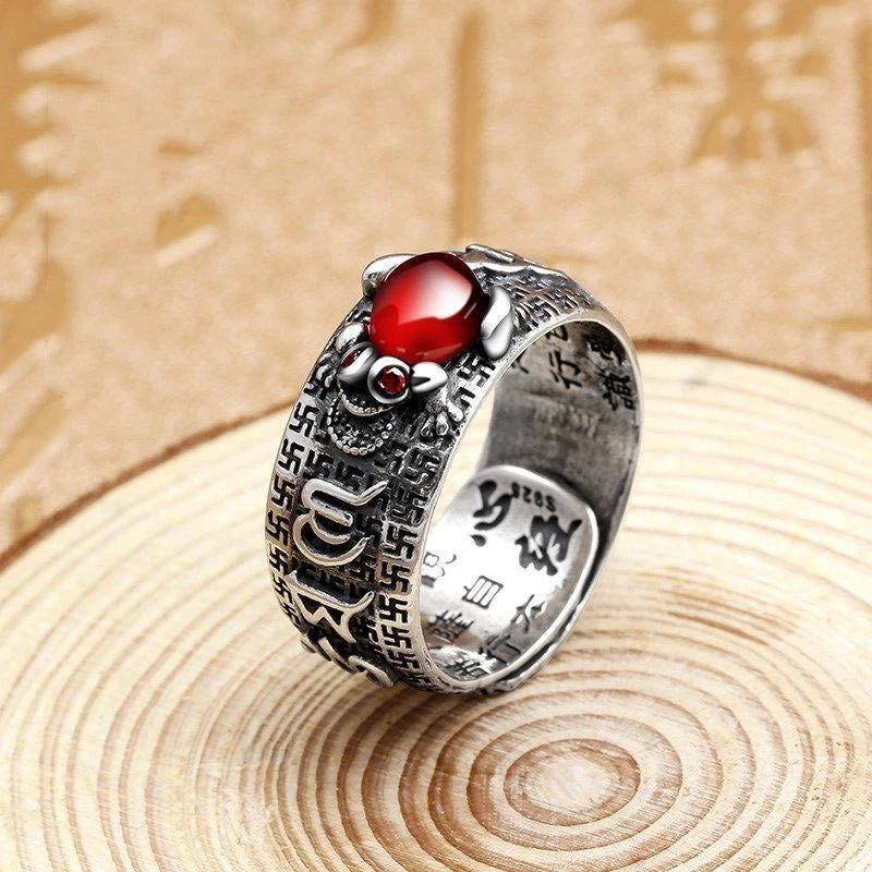 Feng Shui Pixiu Ring for Men, Silver Plated Golden Toad & Garnet Jewelry, Adjustable Wealth Amulet, Lucky Retro Gift for Him