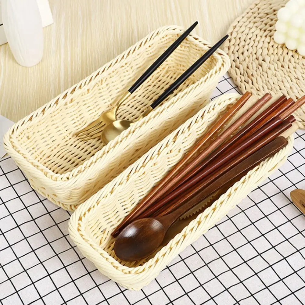 Rectangular Imitation Rattan Storage Basket Household Portable Tableware Storage Container Universal Save Space Faux Wicker Tray