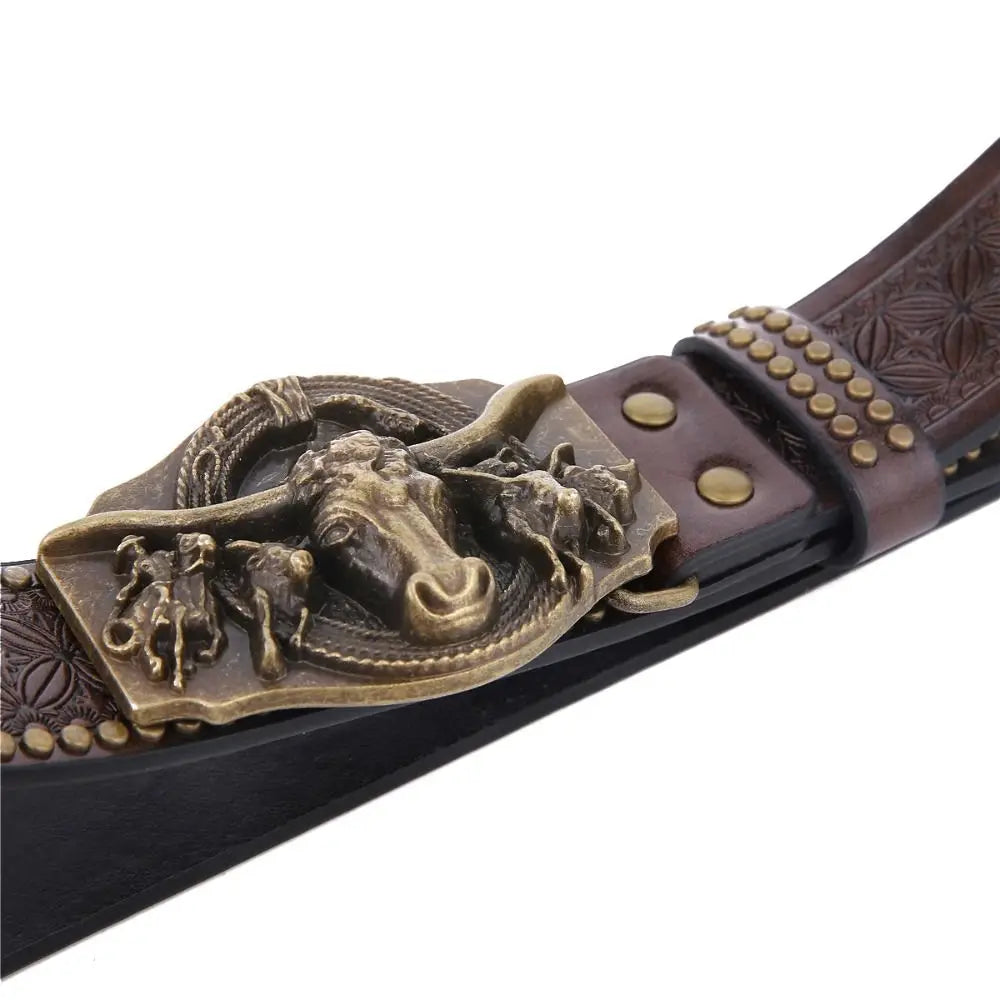 Vintage Western Cowboy Men's PU Leather Belt Luxury Design Trendy Brand Ox Head Waistband Jeans Pants Belt
