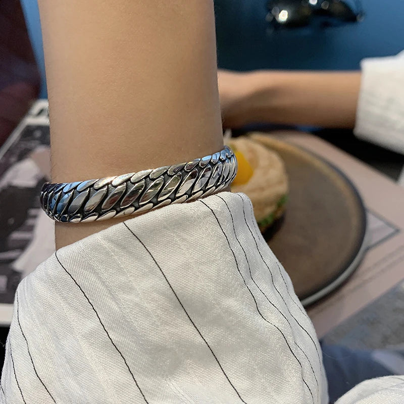 ANENJERY Thai Silver Color Tire Pattern Bracelet Bangles For Women Men Retro Hip Hop Korean Jewelry