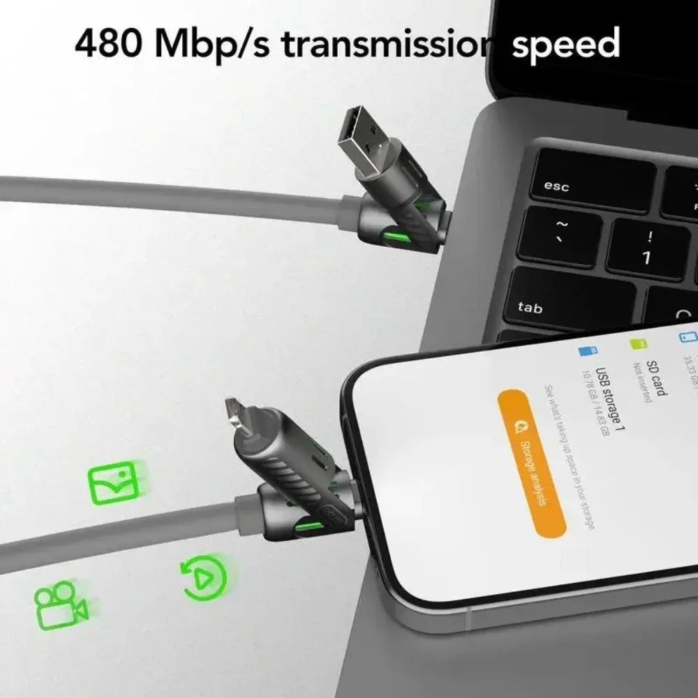 USB、Type C, lightning-Max 240W Fast Charging and Data Sync MFISH 4-in-1 Multi-Function USB Charging Cable for 16/15, iPad