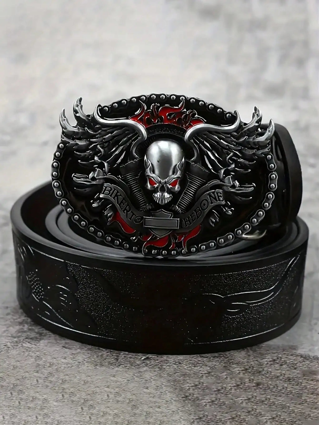 HERSHINE Men's Vintage Embossed Leather Belt (1 Piece), Skull Ghost Buckle, Y2K Gothic Punk Rock Hip Hop Accessory，spring，summer