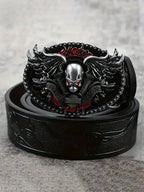HERSHINE Men's Vintage Embossed Leather Belt (1 Piece), Skull Ghost Buckle, Y2K Gothic Punk Rock Hip Hop Accessory，spring，summer