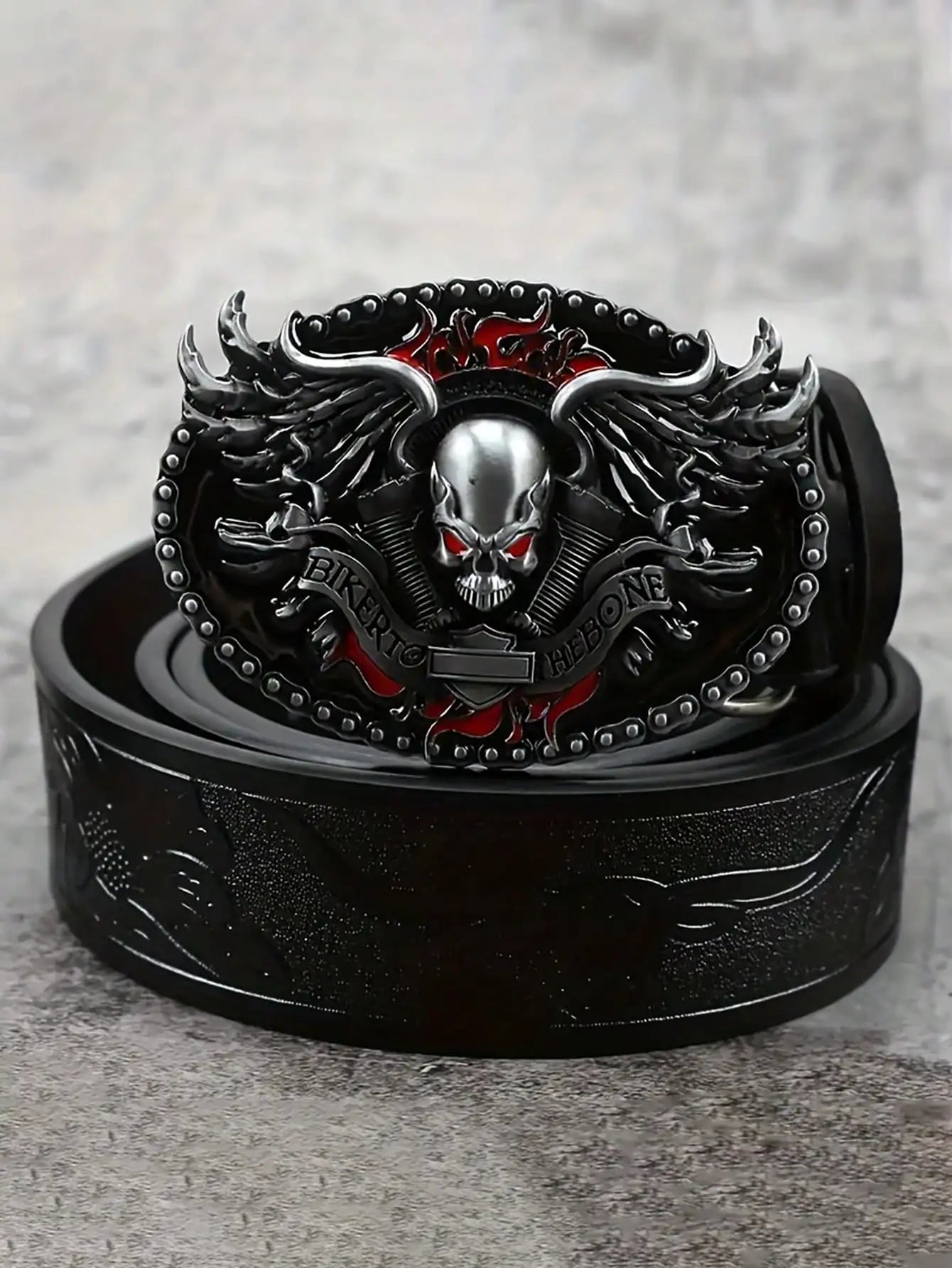 HERSHINE Men's Vintage Embossed Leather Belt (1 Piece), Skull Ghost Buckle, Y2K Gothic Punk Rock Hip Hop Accessory，spring，summer